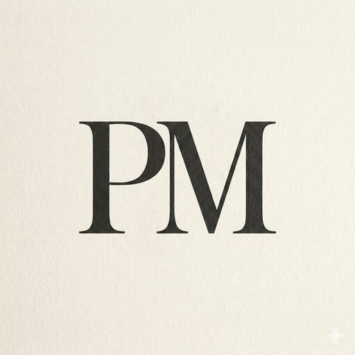 The Plain Memo mark: the letters P and M set in a serif on cream paper